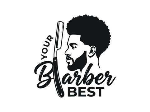 Vintage barber shop logo with black man profile, straight razor vector illustration, masculine grooming salon emblem for branding