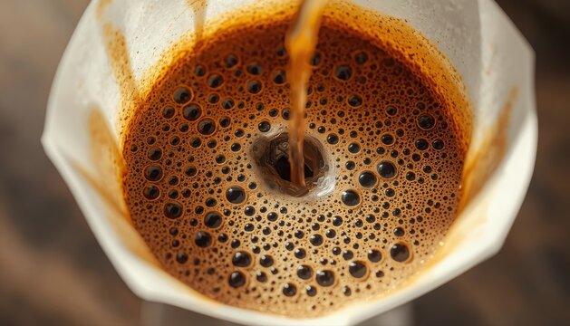 Fresh hot coffee being poured over paper filter during manual drip brewing process with pour over coffee maker morning coffee caffeine beverage breakfast specialty extraction enjoyment