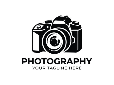Professional camera logo vector, minimalist photography icon with lens, black and white digital SLR camera emblem for photographers