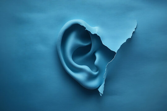Abstract blue ear sculpture with torn paper effect representing hearing and anatomy.