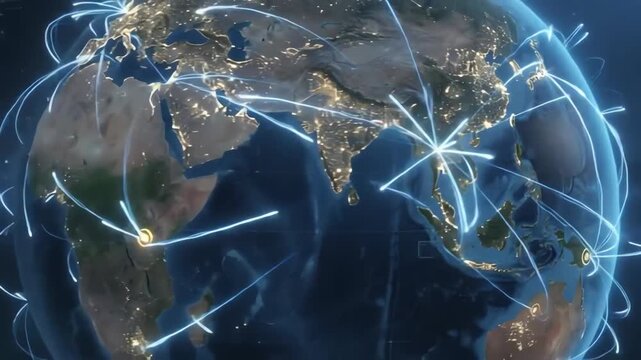 Cinematic Animation of Planet Earth at Night with Glowing City Connection Points and Flowing Light Trails for Global Business Communication and Network Concept