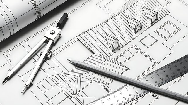 Architectural Blueprints of a House Design with Drawing Tools Including Compass, Pencil and Ruler on Table