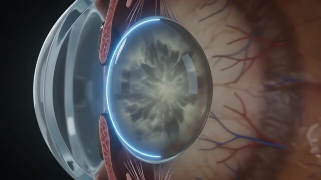 3D Medical Illustration of Human Eye Cross Section Showing Cataract Lens Clouding