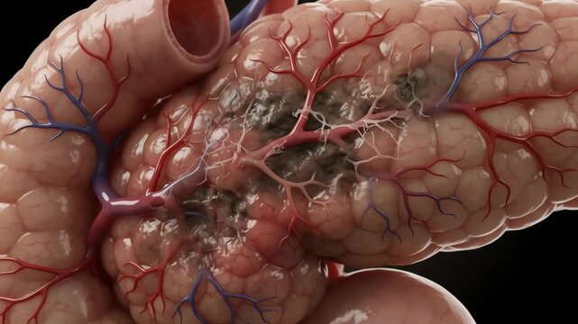 3D Medical Illustration of Human Pancreas Showing Tissue Damage and Inflammation