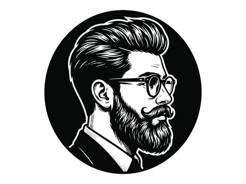 Vintage barber shop logo, bearded man with glasses vector illustration, retro gentleman portrait in circular frame