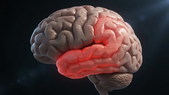 3D Medical Illustration of Human Brain Showing Blocked Blood Vessel and Stroke Damage