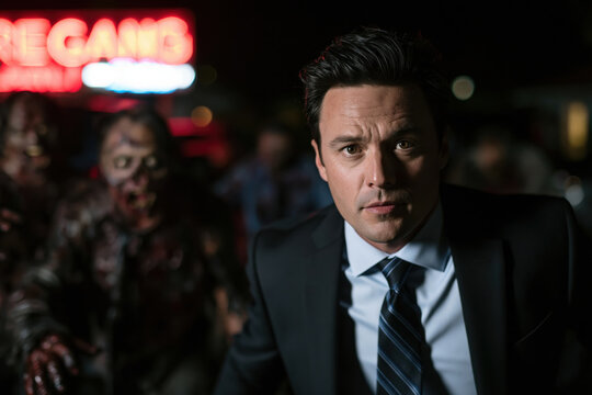 Businessman suit tie night street city urban zombie horror tension businessman stare at camera on night street with zombie in dark urban background creating horror tension