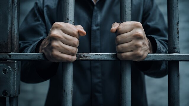 Person Behind Prison Bars Representing Imprisonment, Detention and Criminal Justice Concept