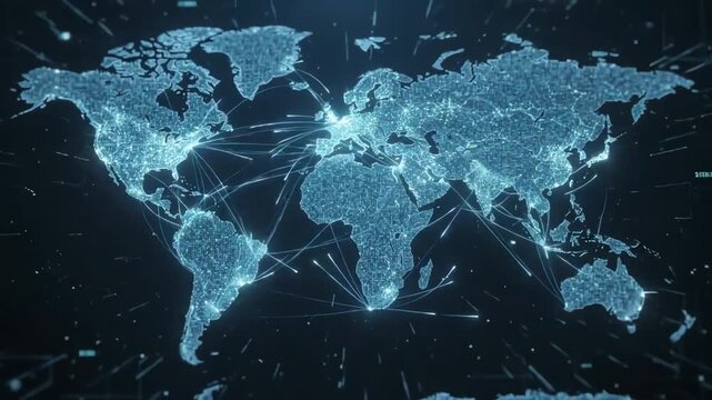 Futuristic Motion Graphic of Glowing Luminous Digital Particles Forming Global World Map Silhouette for Worldwide Telecommunication and Network Concept