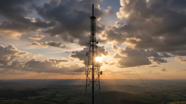 Cinematic Sunset Time Lapse of Tall Telecommunications Mast Above Expansive Landscape for Modern Wireless Infrastructure and Global Connectivity Concept
