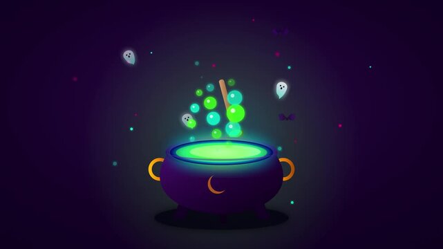 Animated witch cauldron with boiling green potion and floating ghosts for Halloween