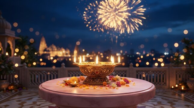 Diwali celebration with a traditional lit diya lamp on a marble table against a backdrop of fireworks and a temple at night