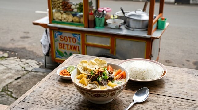 Traditional Indonesian Soto Betawi beef soup with coconut milk broth, served with white rice, emping crackers, and sambal on a rustic wooden table with a street food cart background.