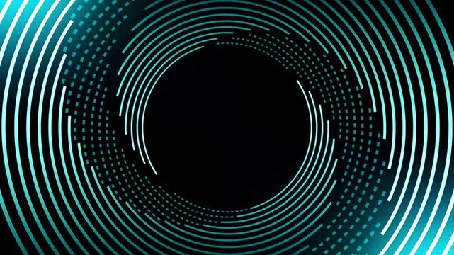 Circular tunnel made of glowing cyan concentric dashed lines rotating on dark backdrop.