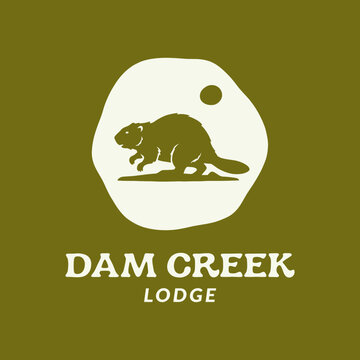 Dam Creek Lodge vintage beaver mascot logo design.