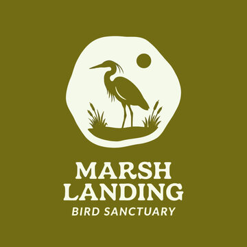 Vintage Marsh Landing Bird Sanctuary Heron Illustration Logo Design.