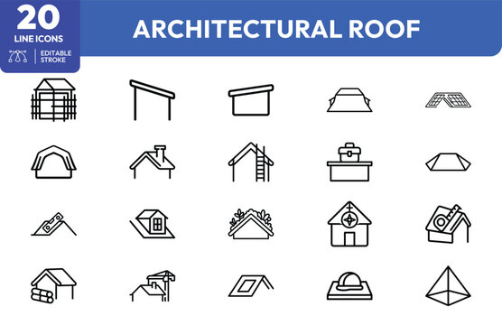 Building roof gable, flat, mansard, pyramid, chimney, skylight, ladder, dormer, solar panel, ventilation. Editable stroke. Vector illustration.