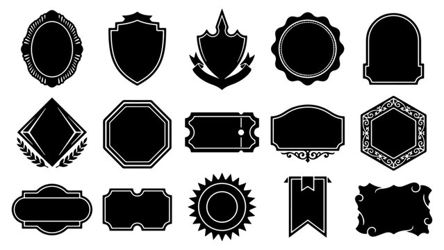 Vintage Frame Silhouettes Set, 15 Ornamental Shield Label Badge Border Shapes Black Vector Elements