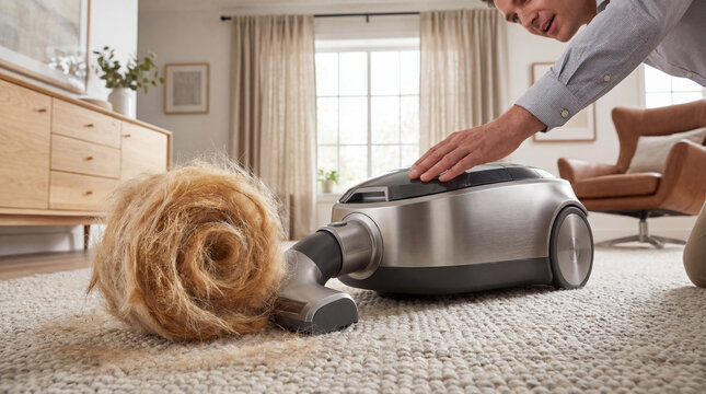 Man struggling to vacuum overwhelmed by massive golden retriever fur tumbleweed on living room carpet