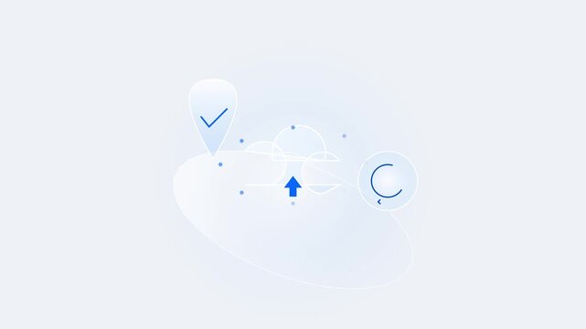 Blue check mark pin, upward arrow, circular loading icon on gradient background