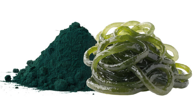Green Spirulina Chlorella Powder Heap with Fresh Seaweed Kelp Noodles Isolated on White Background
