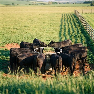Herd of black cattle gathered in a circle eating hay from a round metal feeder on a green farm pasture