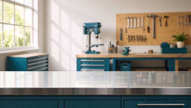 Clean workbench in foreground with blurred workshop background. Organized garage with tools on pegboard and drill press. DIY and repair concept with copy space