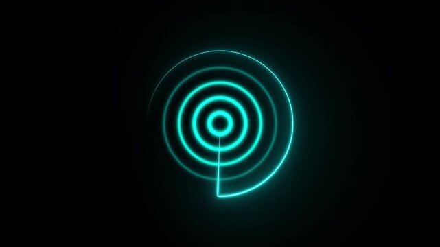 Glowing neon circular radar interface with concentric rings, futuristic blue energy signal, dark background, technology scanning concept, digital communication and wireless detection visualisation .