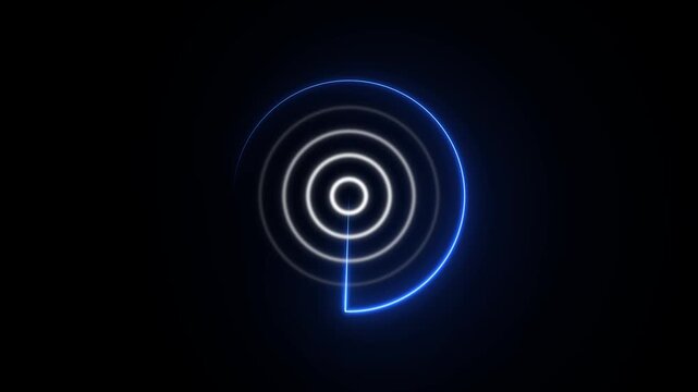 Glowing neon circular radar interface with concentric rings, futuristic blue energy signal, dark background, technology scanning concept, digital communication and wireless detection visualisation .