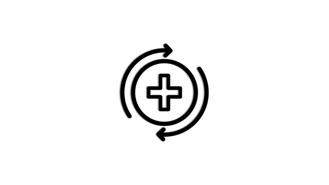 Medical cross icon surrounded by circular arrows representing healthcare renewal, medical services, emergency care, treatment, health support, pharmacy, recovery, and wellness management
