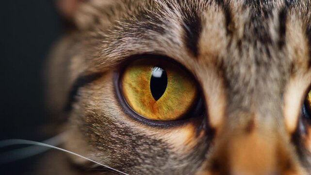 Extreme macro footage of a single realistic cat eye, clearly identifiable feline anatomy with a vivid golden-yellow iris for International Cat Day