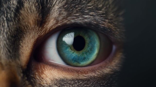 Extreme macro footage of a single realistic feline eye, unmistakably cat-like anatomy with a beautiful teal-green iris for International Cat Day