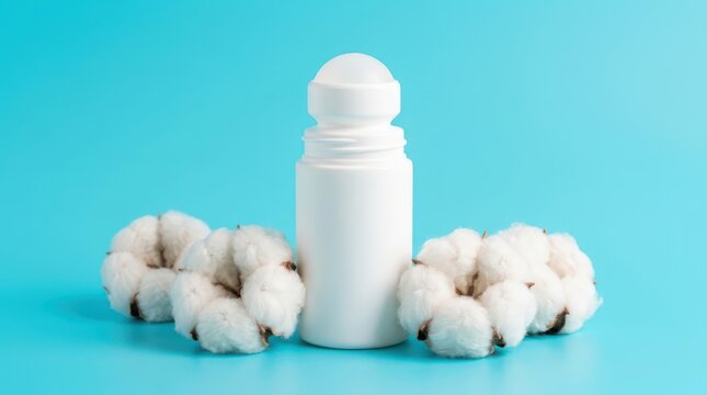 A white rollon deodorant bottle surrounded by fluffy cotton flowers against a light blue background