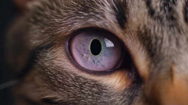 Extreme macro footage of a single realistic feline eye with a distinctive narrow vertical slit pupil and lavender iris for International Cat Day