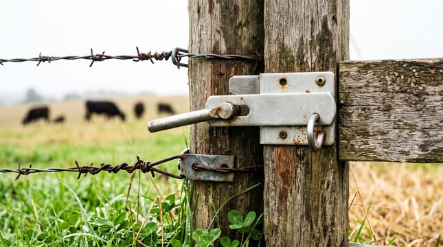 Rustic metal latch on wooden farm gate with barbed wire fence and grazing cattle in pasture