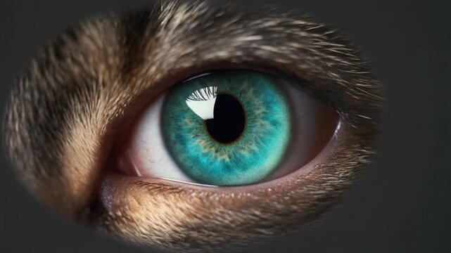 Extreme macro footage of a single realistic cat eye, clearly feline in anatomy with a sharp almond pupil for International Cat Day