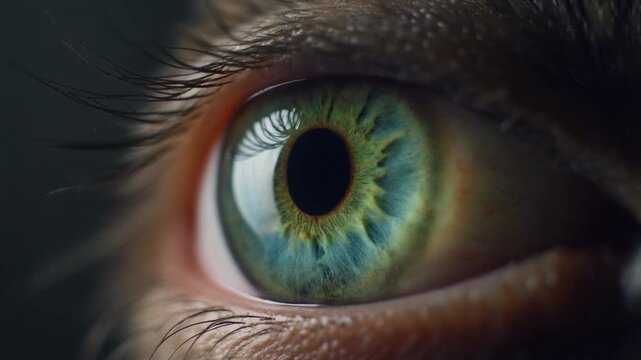 Extreme macro footage of a single beautiful cat eye, vivid emerald-green iris with intricate details for International Cat Day