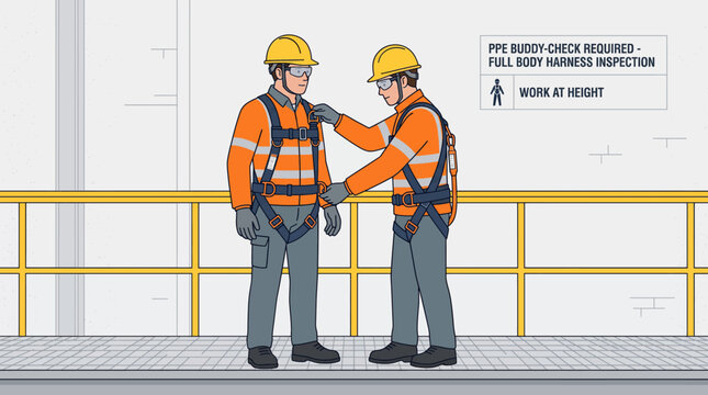 Two construction workers performing a PPE buddy check, with one inspecting the other's full-body harness for work at height safety.