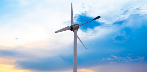 Wind mill power energy farm generator renewable sustainable field on suset, environment eco system technology industry ecology electricity power propeller turbine clean carbon. © wing-wing