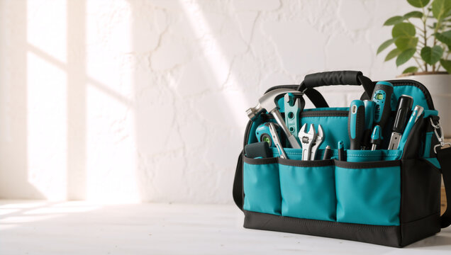 Teal tool bag filled with hand tools on white table. Home improvement and DIY concept with white textured wall background. Copy space for text