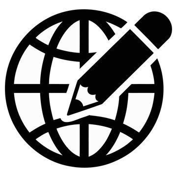 Global communication vector icon showing a pencil drawing lines on a world globe map grid