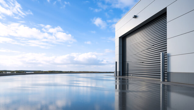 Modern industrial warehouse exterior with closed metal roller shutter door. Wet concrete ground reflecting blue sky and clouds. Commercial building facade with copy space