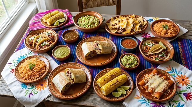 A large feast of delicious traditional mexican food dishes served on a colorful table cloth setting. mexican cuisine collage