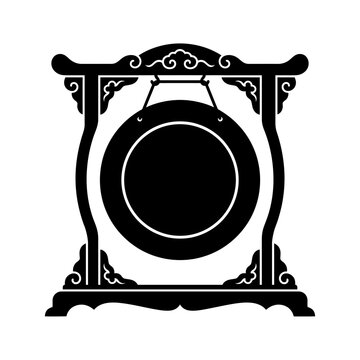 Traditional Chinese gong silhouette, ornate oriental percussion instrument, black asian musical gong on decorative stand vector isolated on White Background