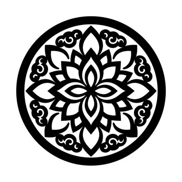 Traditional oriental mandala vector, black floral circular ornament, asian lotus pattern with clouds, decorative ethnic medallion isolated on White Background