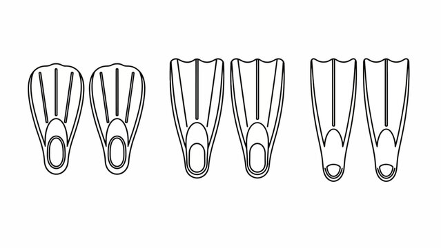 Set of three different pairs of swim fins icons representing various styles of diving flippers used for underwater swimming and snorkeling