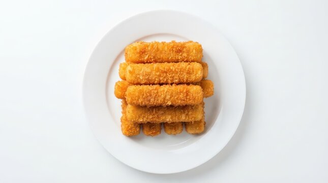 Crispy breaded fish fingers isolated on white background