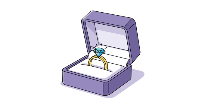 Sparkly blue diamond engagement ring presented in an open purple velvet jewelry box isolated on a white background for marriage proposals.