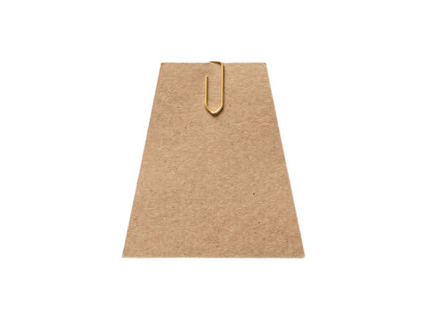 Minimalist trapezoid shaped rustic brown kraft paper tag secured with a simple golden metal paperclip on a clean white background