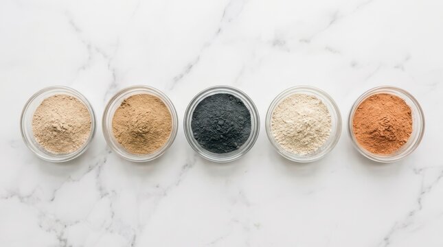 Five glass bowls filled with different types of colorful cosmetic clay powders arranged in a row on a white marble surface